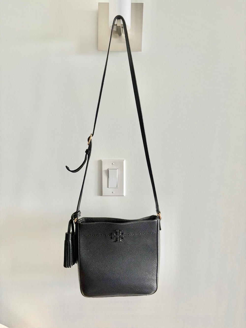 Tory Burch Black Pebbled Leather Tassel Crossbody